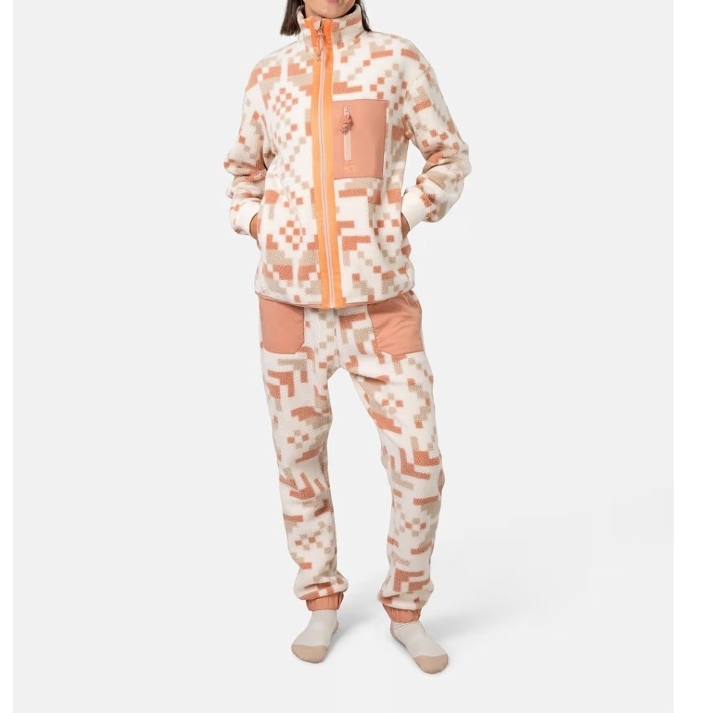 Kari Traa Women Ane Pile Fleece Set Jacket Pants‎ Pixel Pattern Orange Cream NEW